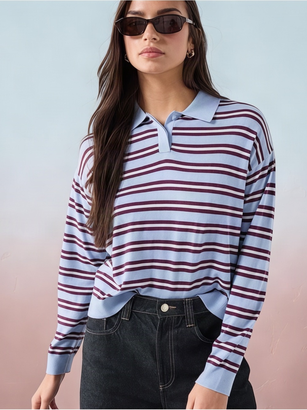 MNG Mango Striped Polo Neck Sweater Sky Blue Burgundy Size M